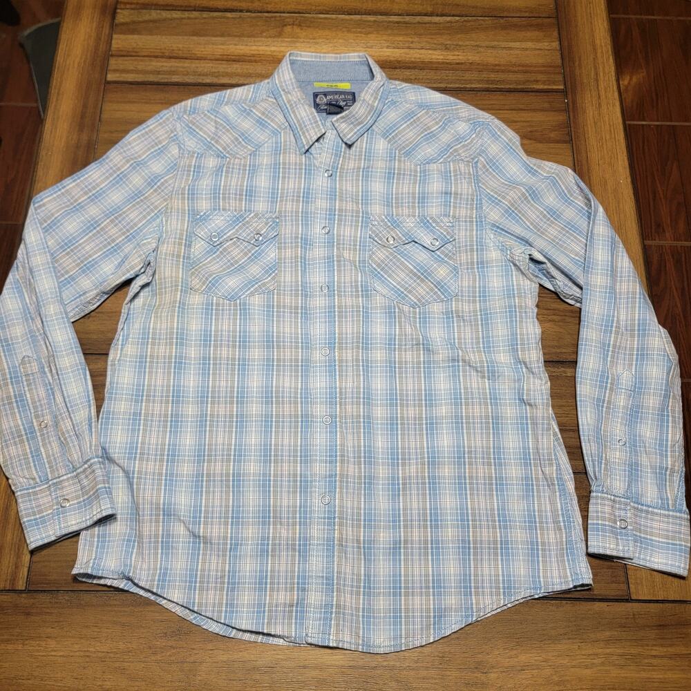 American Rag LS Pearl Snap Blue Plaid Slim Fit Western Shirt - Size XL